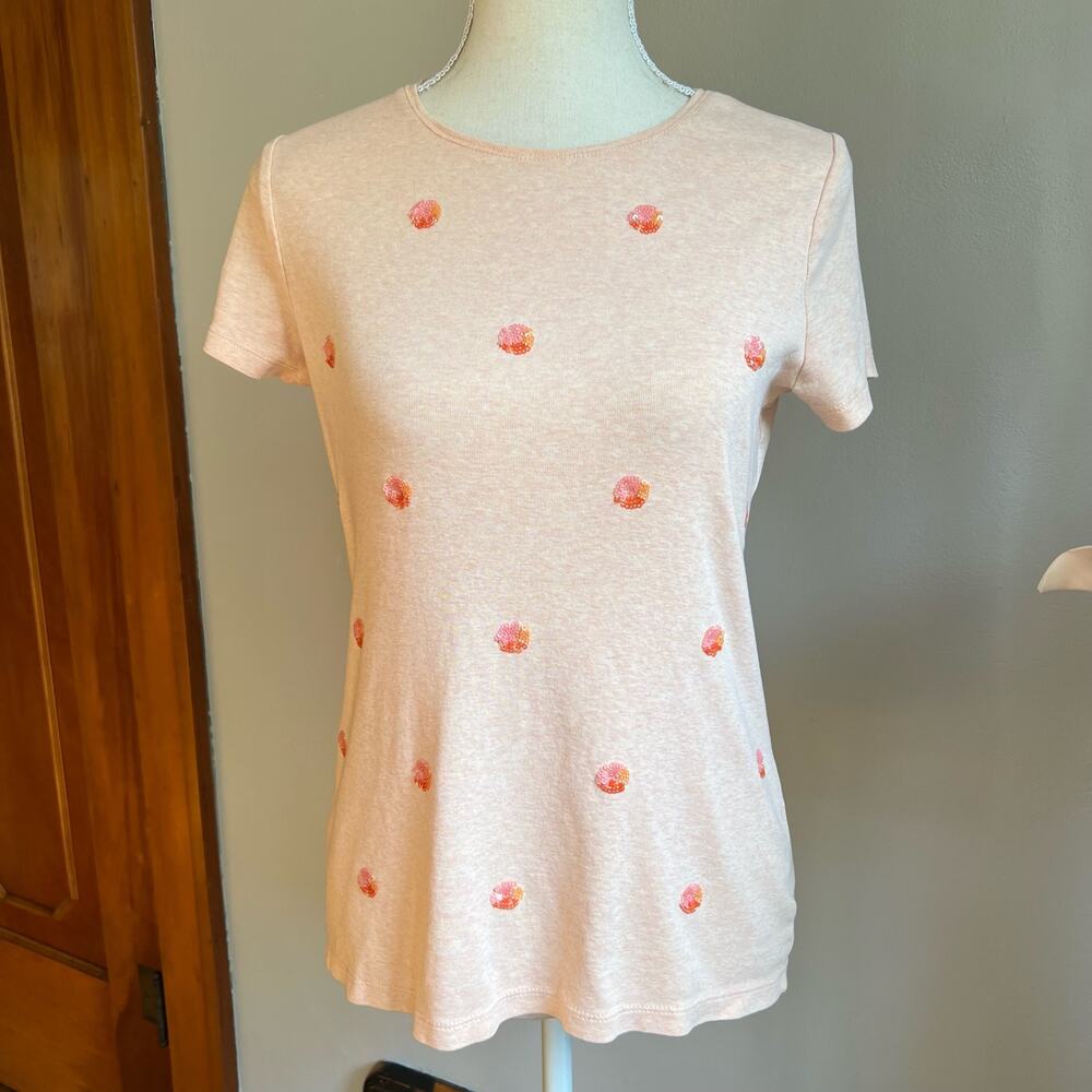 Talbots Sequin Polka Dot Short Sleeve T Shirt Top Size Small Peachy Pink EUC